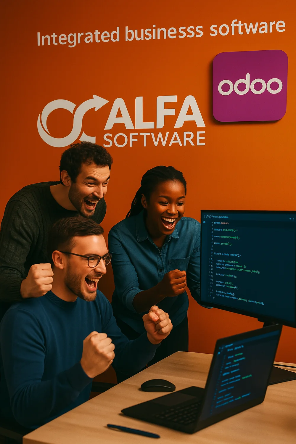Alfa Software team celebrating a successful Odoo project