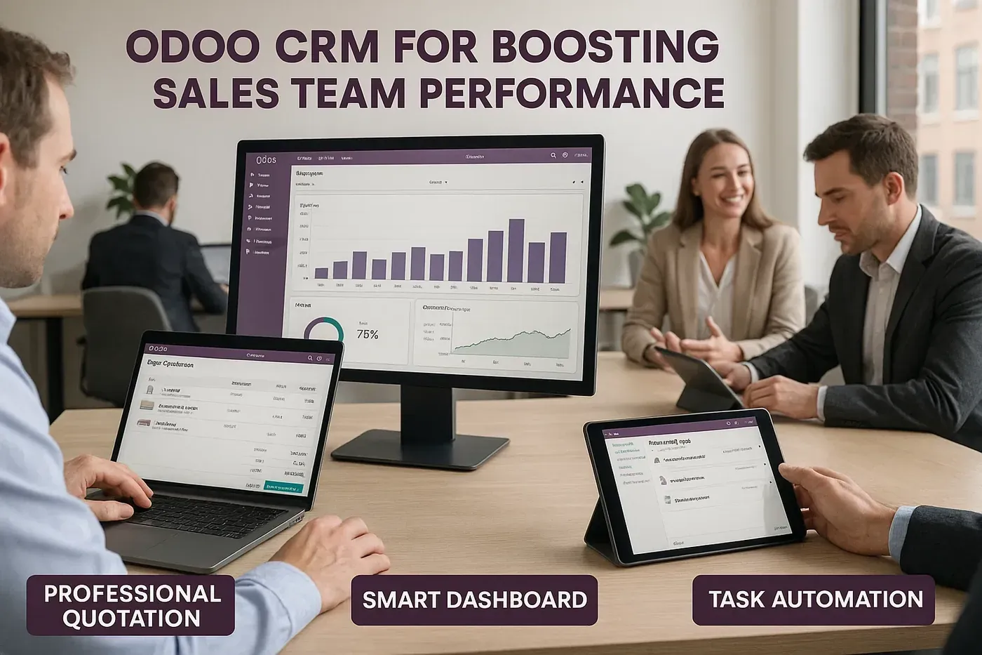 Sales team working with Odoo CRM dashboards and quotations