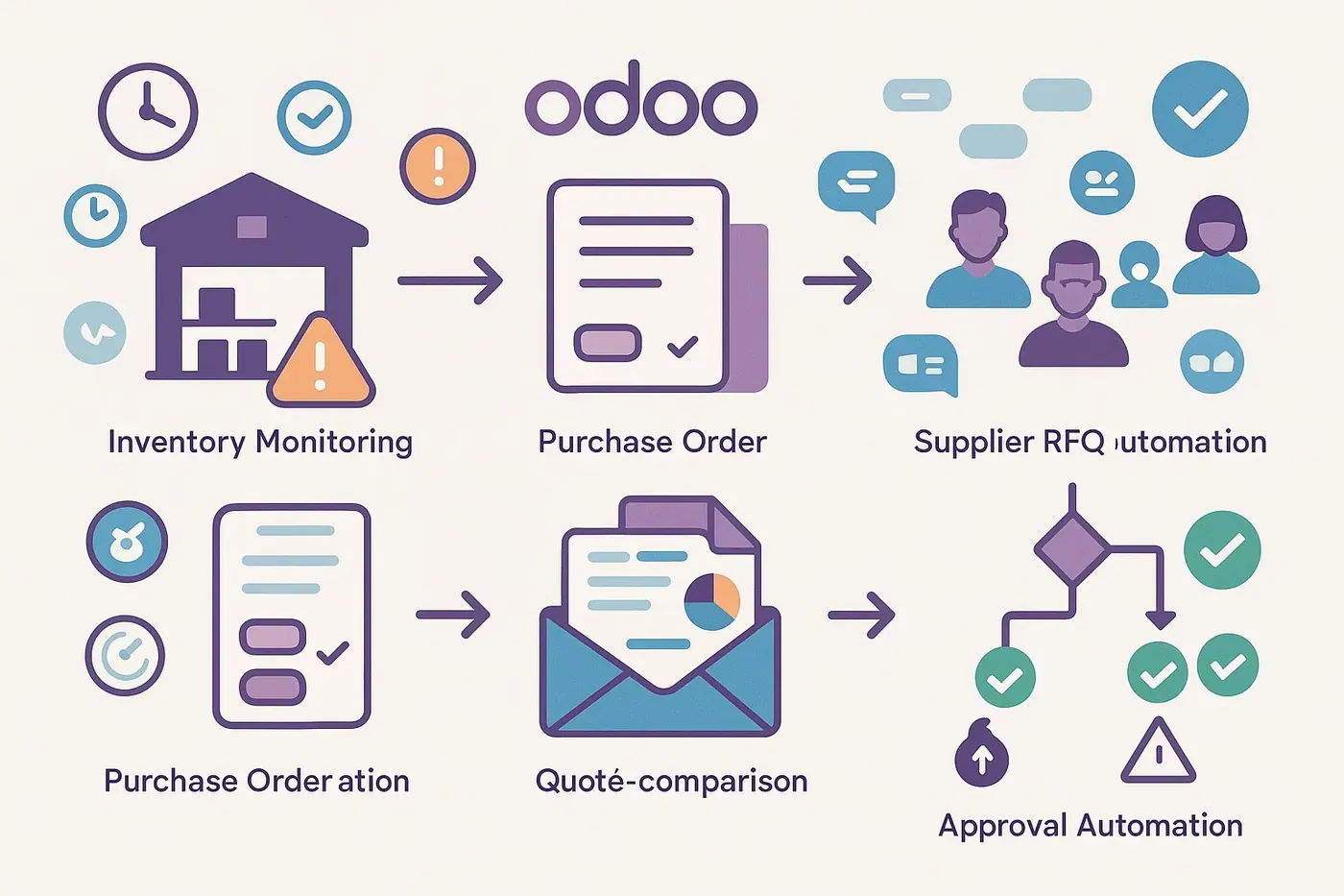 Automated purchase process in Odoo: inventory monitoring, purchase order, vendor quotes and approval